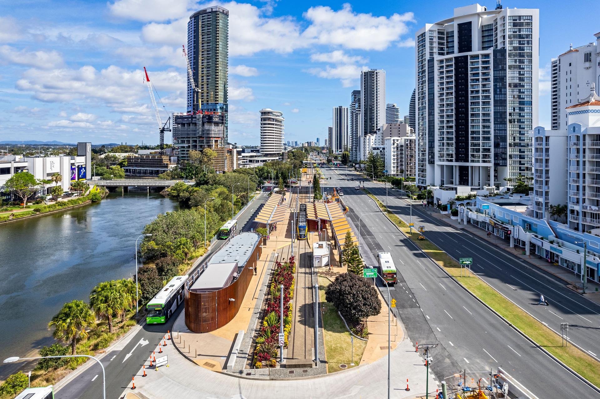 Aerial view Gold Coast Light Rail Broadbeach South Terminus, end of the line
